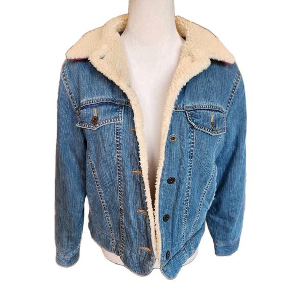 Vintage LL Bean Denim Jean Jacket 90s Sherpa Lined Trucker Chore Jacket Medium - Picture 6 of 7